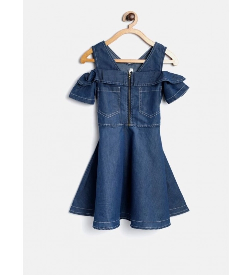 Generic Girl's Denim Floral Printed Bell Sleeve Halter Neck Dress (Blue)