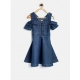 Generic Girl's Denim Floral Printed Bell Sleeve Halter Neck Dress (Blue) Generic Girl's Denim Floral Printed Bell Sleeve Halter Neck Dress (Blue)