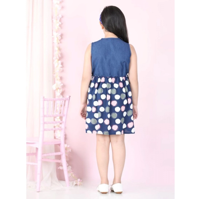 Girl's Denim  Rayon Printed Sleeveless Round Neck Dress (Blue)