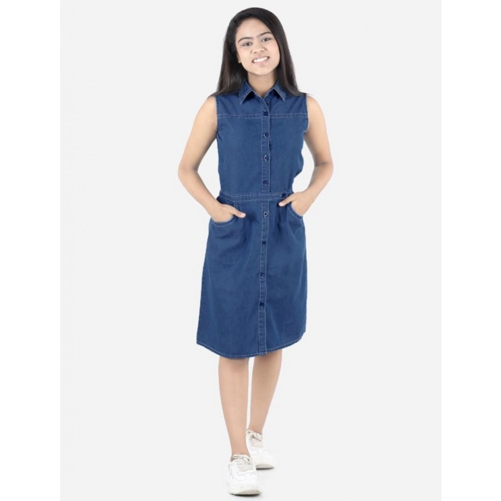 Generic Girl's Denim Solid Sleeveless Shirt collar Dress (Blue) Generic Girl's Denim Solid Sleeveless Shirt collar Dress (Blue)