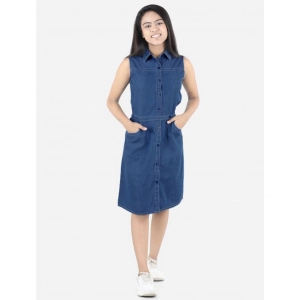 Generic Girl's Denim Solid Sleeveless Shirt collar Dress (Blue)
