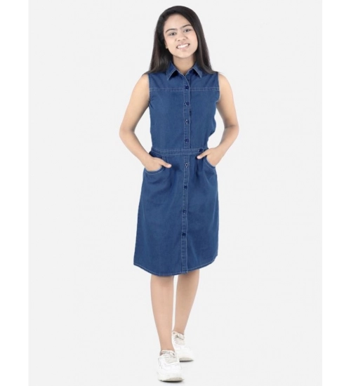 Generic Girl's Denim Solid Sleeveless Shirt collar Dress (Blue)