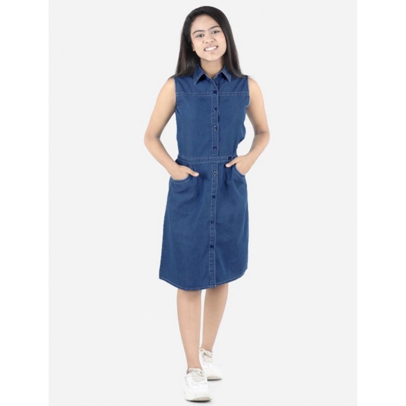 Girl's Denim Solid Sleeveless Shirt collar Dress (Blue)