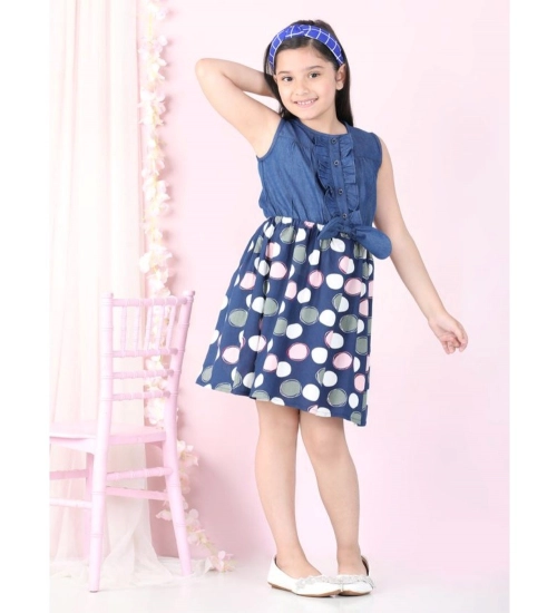 Generic Girl's Denim  Rayon Printed Sleeveless Round Neck Dress (Blue)