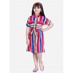 Generic Girl's Polyester Crepe Striped Short Sleeve Shirt collar Dress (Multicolor)