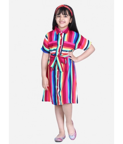 Generic Girl's Polyester Crepe Striped Short Sleeve Shirt collar Dress (Multicolor)