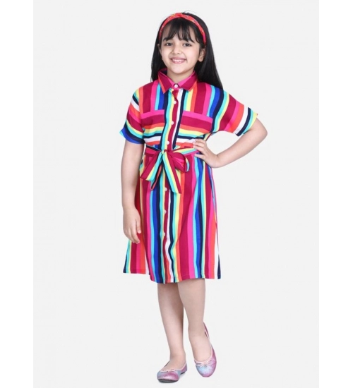 Generic Girl's Polyester Crepe Striped Short Sleeve Shirt collar Dress (Multicolor)