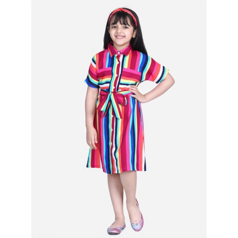 Girl's Polyester Crepe Striped Short Sleeve Shirt collar Dress (Multicolor)