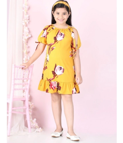 Generic Girl's Polyester Crepe Floral Printed Slit Sleeve Round Neck Dress (Yellow-Red) Generic Girl's Polyester Crepe Floral Printed Slit Sleeve Round Neck Dress (Yellow-Red)