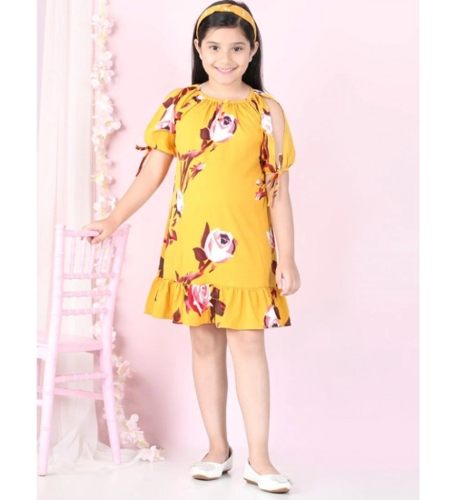Generic Girl's Polyester Crepe Floral Printed Slit Sleeve Round Neck Dress (Yellow-Red)