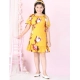 Generic Girl's Polyester Crepe Floral Printed Slit Sleeve Round Neck Dress (Yellow-Red) Generic Girl's Polyester Crepe Floral Printed Slit Sleeve Round Neck Dress (Yellow-Red)