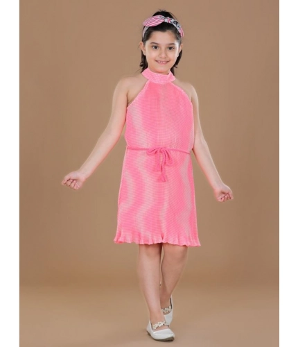 Generic Girl's Polyester Crepe Printed Sleeveless Round Neck Dress (Pink)