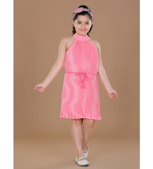 Generic Girl's Polyester Crepe Printed Sleeveless Round Neck Dress (Pink)