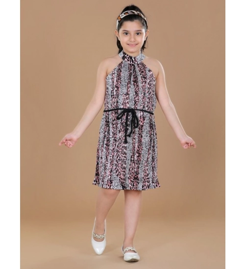 Generic Girl's Polyester Crepe Printed Sleeveless Round Neck Dress (Black-Pink)