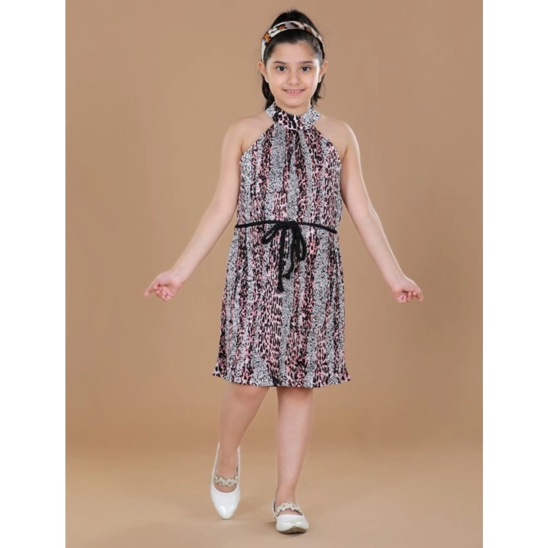 Girl's Polyester Crepe Printed Sleeveless Round Neck Dress (Black-Pink)