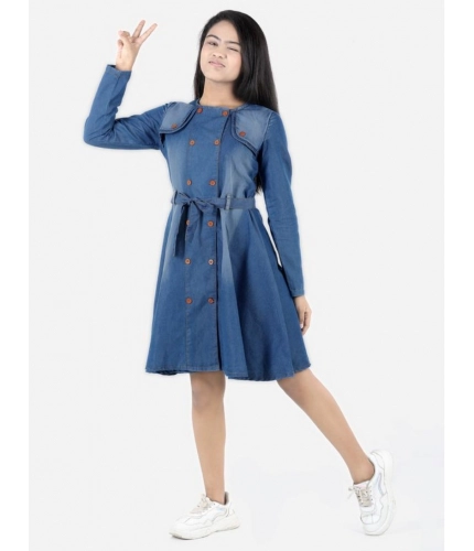 Generic Girl's Denim Solid Long Sleeve Round Neck Dress (Blue)