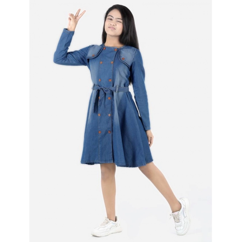 Girl's Denim Solid Long Sleeve Round Neck Dress (Blue) Girl's Denim Solid Long Sleeve Round Neck Dress (Blue)