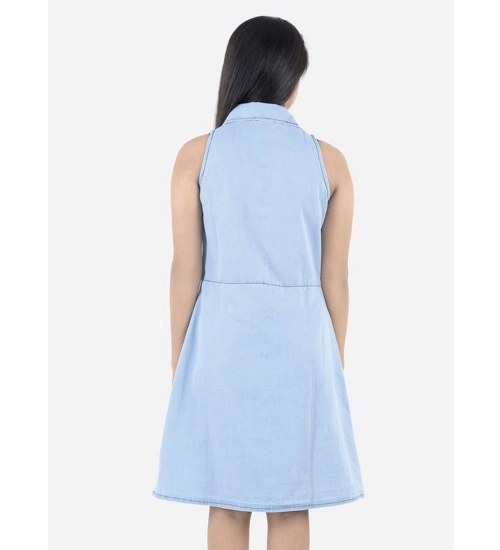 Generic Girl's Denim Solid Sleeveless Shirt collar Dress (Blue)