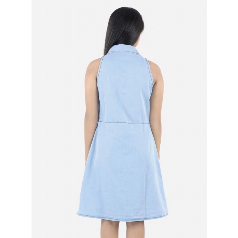 Girl's Denim Solid Sleeveless Shirt collar Dress (Blue) Girl's Denim Solid Sleeveless Shirt collar Dress (Blue)
