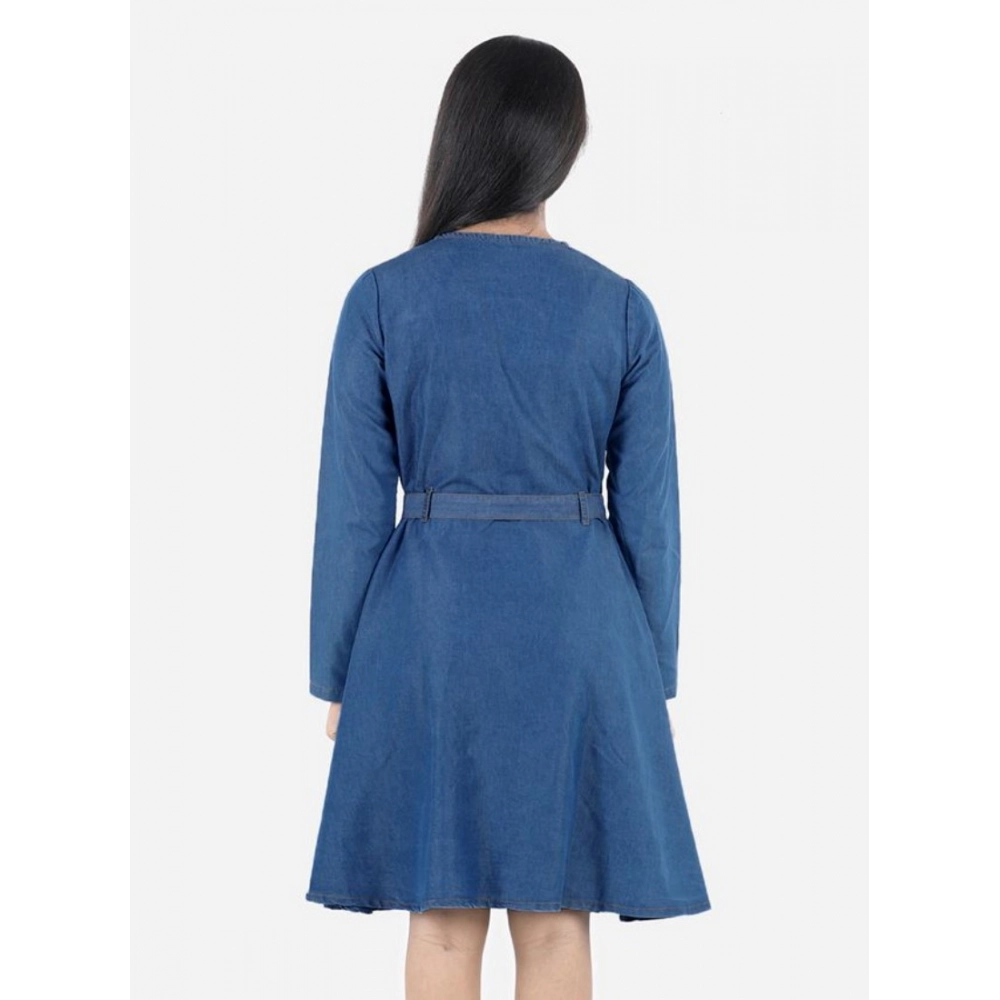 Generic Girl's Denim Solid Long Sleeve Round Neck Dress (Blue) Generic Girl's Denim Solid Long Sleeve Round Neck Dress (Blue)