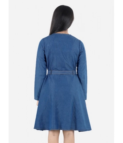 Generic Girl's Denim Solid Long Sleeve Round Neck Dress (Blue) Generic Girl's Denim Solid Long Sleeve Round Neck Dress (Blue)