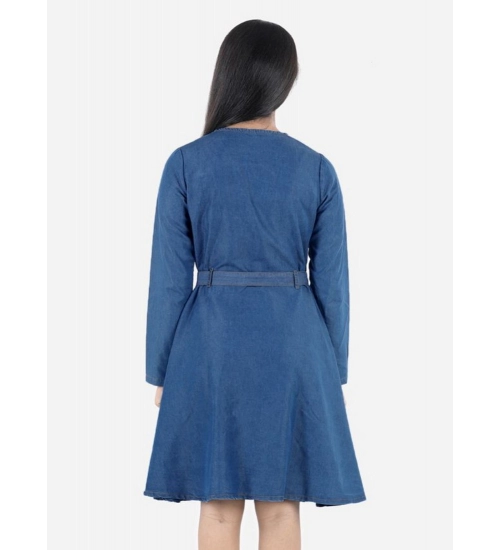 Generic Girl's Denim Solid Long Sleeve Round Neck Dress (Blue)