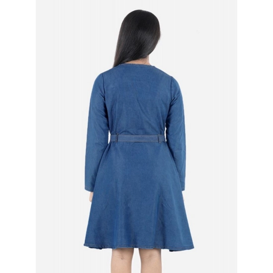 Generic Girl's Denim Solid Long Sleeve Round Neck Dress (Blue)