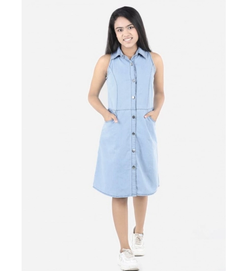 Generic Girl's Denim Solid Sleeveless Shirt collar Dress (Blue)