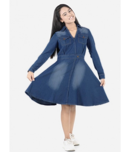 Generic Girl's Denim Solid Long Sleeve Shirt collar Dress (Blue)