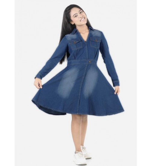 Generic Girl's Denim Solid Long Sleeve Shirt collar Dress (Blue)
