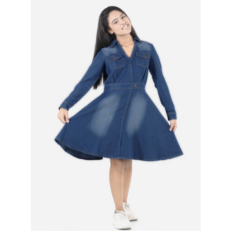 Girl's Denim Solid Long Sleeve Shirt collar Dress (Blue) Girl's Denim Solid Long Sleeve Shirt collar Dress (Blue)