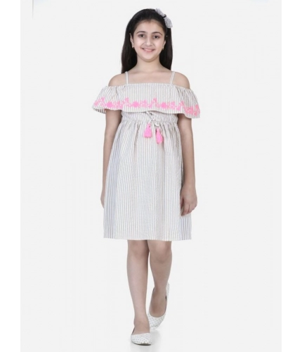 Generic Girl's Cotton Printed Sleeveless Shoulder Straps Dress (Beige-Pink)