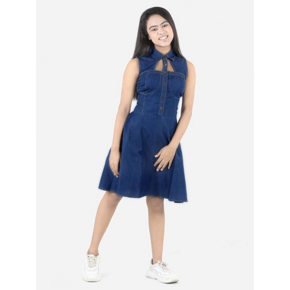 Generic Girl's Denim Solid Sleeveless Shirt collar Dress (Blue) Generic Girl's Denim Solid Sleeveless Shirt collar Dress (Blue)