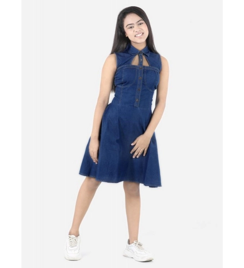Generic Girl's Denim Solid Sleeveless Shirt collar Dress (Blue)