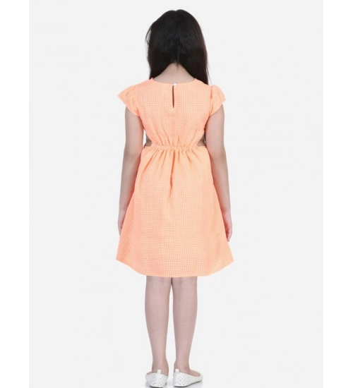 Generic Girl's Polyester Crepe Checkered Short Sleeve Round Neck Dress (Orange)