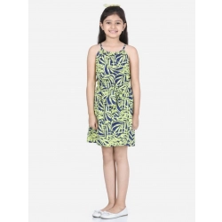 Generic Girl's Polyester Floral Printed Short Sleeve Round Neck Dress (Blue-Yellow)