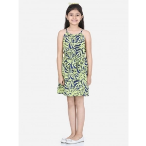 Generic Girl's Polyester Floral Printed Short Sleeve Round Neck Dress (Blue-Yellow)