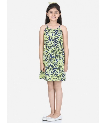 Generic Girl's Polyester Floral Printed Short Sleeve Round Neck Dress (Blue-Yellow)