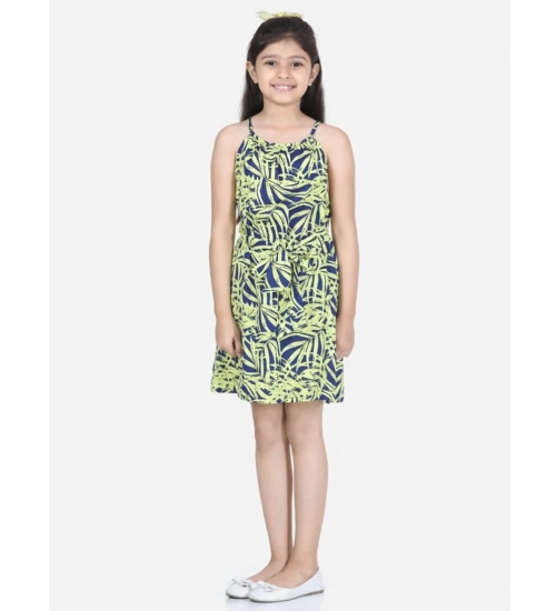 Generic Girl's Polyester Floral Printed Short Sleeve Round Neck Dress (Blue-Yellow)