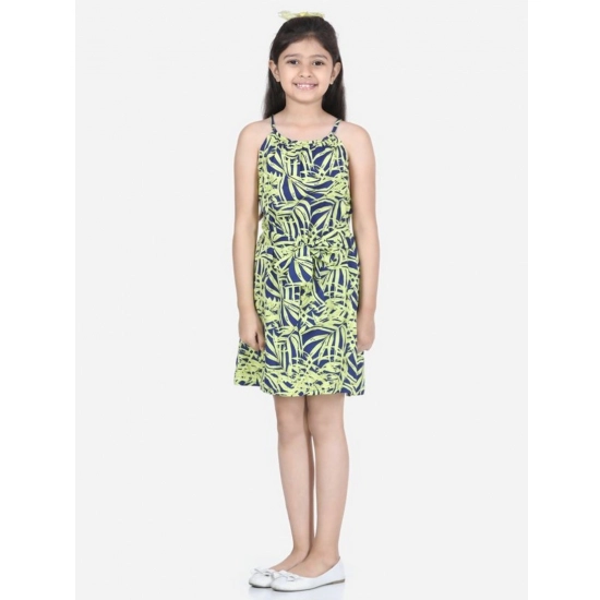 Generic Girl's Polyester Floral Printed Short Sleeve Round Neck Dress (Blue-Yellow)