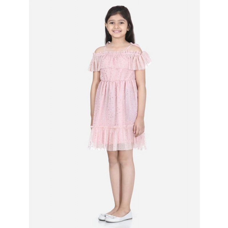 Girl's Polyester Net Embellished Short Sleeve Shoulder Straps Dress (Pink)