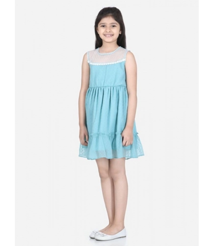 Generic Girl's Polyester Dobby Floral Printed Sleeveless Round Neck Dress (Blue)