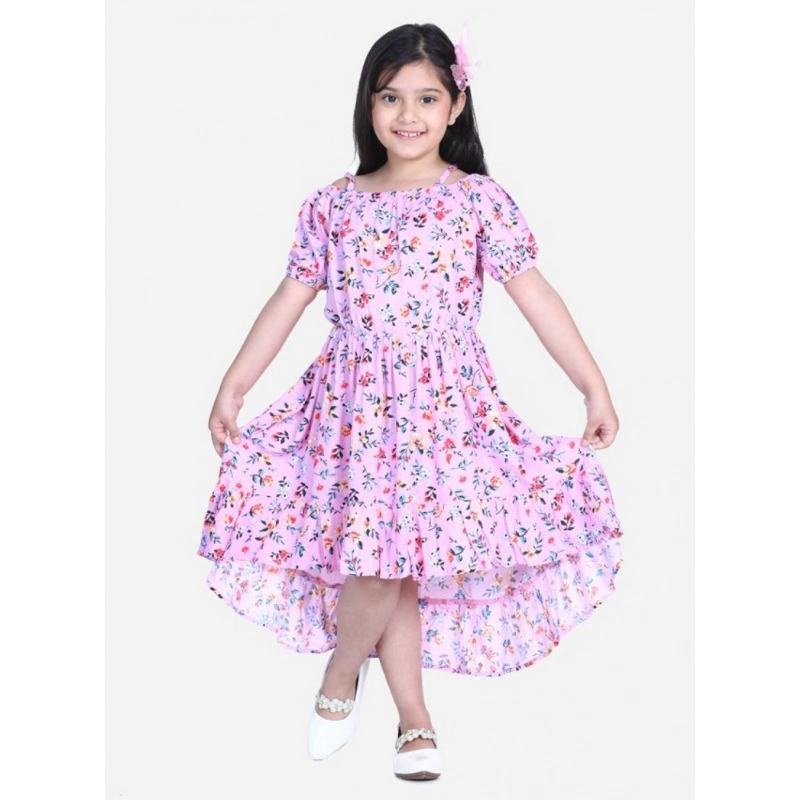 Girl's Rayon Solid Short Sleeve Shoulder Straps Dress (Light Pink)