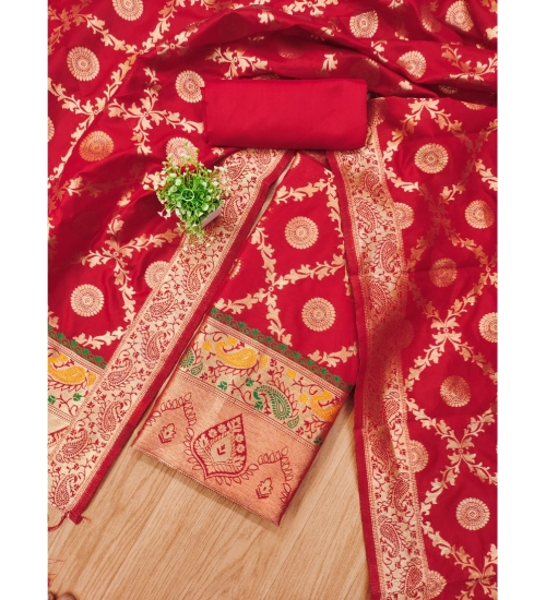Generic Women's Banarasi Silk Printed Unstitched Salwar Suit Material With Dupatta (Red, 3Mtrs)
