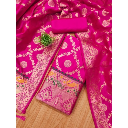 Women's Banarasi Silk Printed Unstitched Salwar Suit Material With Dupatta (Pink, 3Mtrs) Women's Banarasi Silk Printed Unstitched Salwar Suit Material With Dupatta (Pink, 3Mtrs)