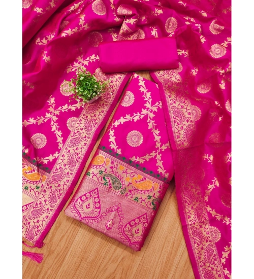 Generic Women's Banarasi Silk Printed Unstitched Salwar Suit Material With Dupatta (Pink, 3Mtrs)
