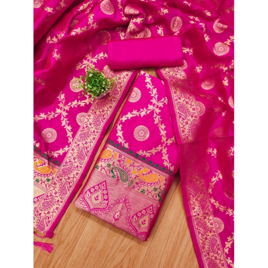 Generic Women's Banarasi Silk Printed Unstitched Salwar Suit Material With Dupatta (Pink, 3Mtrs)