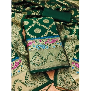 Generic Women's Banarasi Silk Printed Unstitched Salwar Suit Material With Dupatta (Bottle Green, 3Mtrs)