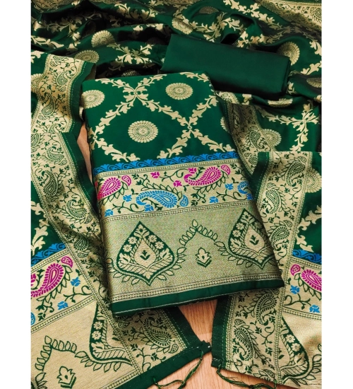 Generic Women's Banarasi Silk Printed Unstitched Salwar Suit Material With Dupatta (Bottle Green, 3Mtrs)