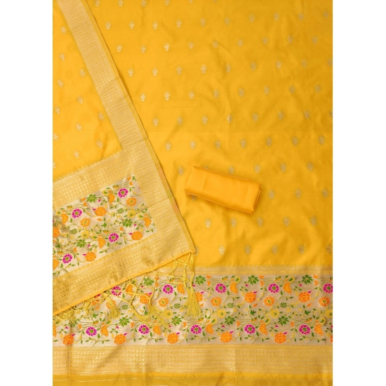 Generic Women's Banarasi Silk Printed Unstitched Salwar Suit Material With Dupatta (Yellow, 3Mtrs)